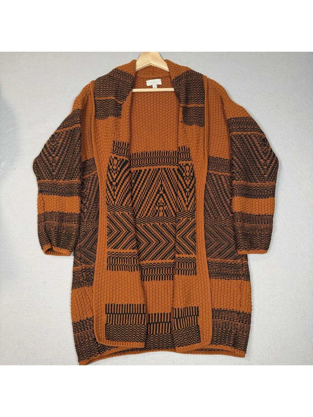 Lucky Brand Brown Orange Boho Geometric Knit Open Front Shawl Cardigan L